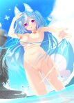  1girl :d animal_ear_fluff animal_ears arm_up ass_visible_through_thighs bare_arms bare_shoulders blue_butterfly blue_hair blue_sky blue_tail blurry blurry_background blush breasts bug butterfly cameltoe censored chestnut_mouth cleavage cloud commission completely_nude cowboy_shot curvy double-parted_bangs dutch_angle eyelashes eyes_visible_through_hair fang fingernails floating_hair foreshortening fox_ears fox_girl fox_tail groin hair_between_eyes hand_up happy highres inari_(summer_pockets) large_breasts lens_flare lighthouse lips long_hair looking_at_viewer midriff mosaic_censoring navel nipples nude ocean open_mouth otou_(otou_san) outdoors partially_submerged pink_eyes pussy shiny_skin shy skeb_commission sky smile solo splashing standing stomach summer_pockets tail teeth thighs two_side_up underboob upper_teeth_only variant_set very_long_hair water_drop wet wet_face 