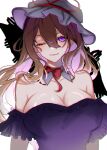  1girl bare_shoulders blonde_hair bow breasts choker cleavage collarbone dress frilled_dress frilled_sleeves frills gap_(touhou) hair_between_eyes hat hat_iue hat_ribbon highres large_breasts long_hair looking_at_viewer mob_cap off_shoulder one_eye_closed purple_dress purple_eyes red_bow red_ribbon ribbon ribbon_choker short_sleeves simple_background smile solo strapless strapless_dress touhou upper_body very_long_hair white_background white_headwear yakumo_yukari 