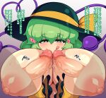  1girl black_headwear blush bow breasts breasts_apart breasts_out censored closed_mouth commentary_request frilled_sleeves frills gradient_background green_eyes green_hair hat hat_bow hat_ribbon heart heart_of_string huge_breasts imminent_fellatio kaai_seu komeiji_koishi large_areolae long_sleeves looking_at_penis mosaic_censoring narrowed_eyes nipples open_clothes open_shirt penis puffy_nipples ribbon shirt short_hair smile sound_effects sweat tongue tongue_out touhou translation_request twitching_penis upper_body veins veiny_penis yellow_bow yellow_ribbon yellow_shirt 
