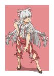  absurdres border bow fujiwara_no_mokou gyouza_(mhea5724) hair_bow hand_on_own_hip high_heels highres long_hair looking_at_viewer overalls pants red_background red_eyes red_overalls red_pants shirt solo torn_clothes touhou very_long_hair white_border white_bow white_shirt 