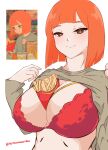  1girl absurdres alternate_breast_size blunt_bangs bra breasts bright_pupils brown_eyes brown_sweater closed_mouth clothes_lift food food_between_breasts french_fries half-closed_eyes highres huge_breasts looking_at_viewer mcdonald&#039;s mother_(yoru_mac) orange_hair red_bra redeadman100 reference_inset short_hair smile solo sweater sweater_lift twitter_username underwear upper_body white_background white_pupils yoru_mac 