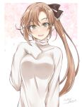  1girl akigumo_(kancolle) alternate_costume artist_name blue_eyes blush breasts brown_eyes brown_hair commentary_request dated floral_print gakky grey_sweater highres kantai_collection long_hair long_sleeves looking_at_viewer medium_breasts one-hour_drawing_challenge open_mouth ponytail simple_background smile solo sweater upper_body 