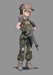  1girl absurdres assault_rifle baseball_cap blonde_hair boots brown_footwear brown_headwear brown_shirt bulletproof_vest camouflage camouflage_pants closed_mouth erica_(naze1940) folding_stock full_body gloves green_eyes green_gloves grey_background gun hat headphones highres looking_at_viewer original pants rifle shirt short_hair short_sleeves simple_background solo trigger_discipline weapon 