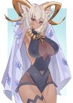  1girl absurdres animal_ears ankh_necklace arknights arms_up black_one-piece_swimsuit breasts carnelian_(arknights) carnelian_(shimmering_dew)_(arknights) covered_navel dark-skinned_female dark_skin grey_hair highres horns large_breasts one-piece_swimsuit red_eyes shino_duka smile swimsuit 