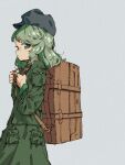  1girl backpack bag closed_mouth green_eyes green_hair green_headwear green_shirt green_skirt grey_background hat key long_sleeves looking_at_viewer medium_hair nama_udon profile shirt simple_background skirt solo touhou unconnected_marketeers upper_body yamashiro_takane 