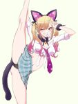  1girl animal_ears bare_legs bell black_panties blonde_hair blush breasts cat_ears cleavage collar fake_animal_ears fake_tail flexible gradient_hair holding_leg kitagawa_marin kneepits leg_hold leg_lift leg_up long_hair long_sleeves looking_at_viewer medium_breasts midriff mitsuyu_shirasaki multicolored_hair navel neck_bell necktie one_eye_closed panties pink_hair pleated_skirt purple_eyes red_eyes shirt simple_background skirt smile solo sono_bisque_doll_wa_koi_wo_suru split standing standing_on_one_leg standing_split tail thighs twintails two-tone_hair underwear v white_background white_shirt 