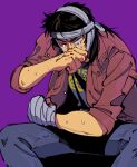  1boy bandaged_hand bandaged_head bandages black_eyes black_hair black_shirt brown_jacket commentary_request crying crying_with_eyes_open feet_out_of_frame grey_pants inudori itou_kaiji jacket kaiji leaning_forward long_hair long_sleeves male_focus medium_bangs one_eye_closed pants purple_background shirt sleeves_rolled_up solo standing tears twitter_username 