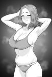  1girl ^_^ absurdres armpits arms_up belly blush breasts cleavage closed_eyes forehead greyscale highres large_breasts monochrome nose_blush original smile solo steaming_body sweaty_clothes tantanmen72 underwear underwear_only 