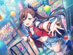  1girl :d balloon bang_dream! belt billboard boots bow brown_hair building choker city clothing_cutout confetti crop_top dutch_angle earrings electric_guitar guitar hair_bow hair_ornament hairclip hanazono_tae hand_on_railing high_ponytail hoop_earrings instrument jacket jewelry leg_lift letterman_jacket long_hair midriff necklace official_art outstretched_hand railing reaching reaching_towards_viewer shorts shoulder_cutout smile solo star_(symbol) star_earrings star_necklace thighhighs third-party_source x_hair_ornament yellow_eyes 