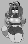  2023 absurd_res anthro ash_(buxy) big_breasts bottomwear breasts buxy canid canine clothed clothing digital_drawing_(artwork) digital_media_(artwork) female fur greyscale hair hi_res looking_at_viewer mammal monochrome raccoon_dog simple_background smile solo tail tanuki text topwear 