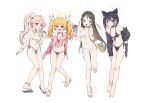  4girls airi_(blue_archive) alternate_costume animal_ears anklet bare_shoulders bikini black_bikini black_hair blonde_hair blue_archive blush bracelet breasts cat_ears cat_girl collarbone flat_chest food-themed_hair_ornament front-tie_bikini_top front-tie_top green_eyes hair_ornament halo highleg highleg_bikini highleg_swimsuit highres ice_cream_hair_ornament jacket jewelry kazusa_(blue_archive) long_hair looking_at_viewer multiple_girls natsu_(blue_archive) navel nemo_(leafnight) off_shoulder open_clothes open_jacket open_mouth pink_eyes pink_hair red_eyes sandals short_shorts shorts side-tie_bikini_bottom side-tie_swimsuit side_ponytail simple_background small_breasts smile string_bikini swimsuit swimsuit_under_clothes twintails white_background white_bikini yoshimi_(blue_archive) 