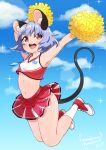  1girl absurdres alternate_costume animal_ears armpits blue_sky cheerleader cloud commentary_request commission crop_top full_body grey_hair highres jewelry microskirt midriff mixed-language_commentary mouse_ears mouse_girl mouse_tail multiple_sources navel nazrin open_mouth outdoors pendant pom_pom_(cheerleading) red_eyes red_footwear sample_watermark second-party_source short_eyebrows short_hair signature skeb_commission skirt sky socks solo tail take_no_ko_(4919400) teeth thighs touhou upper_teeth_only white_socks 