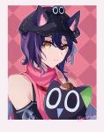  1girl animal animal_ear_fluff animal_ears argyle argyle_background arknights bare_shoulders black_cat black_headwear border brown_eyes cabbie_hat cat closed_mouth commentary_request crossover ears_through_headwear grey_border hair_between_eyes haiteng hat heixiu looking_at_viewer luoxiaohei purple_hair rockrock_(arknights) smile solo the_legend_of_luo_xiaohei twitter_username upper_body 