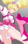 1girl ass blonde_hair boots breasts choker cure_peach earrings fresh_precure! fuchi_(nightmare) gradient_background grey_background hair_ornament heart heart_earrings heart_hair_ornament high_heel_boots high_heels highres jewelry knee_boots large_breasts long_hair magical_girl momozono_love open_mouth pink_choker pink_eyes pink_footwear pink_skirt precure puffy_short_sleeves puffy_sleeves shirt short_sleeves skirt smile solo twintails white_shirt 