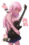  1girl absurdres black_shirt blue_skirt bocchi_the_rock! cube_hair_ornament electric_guitar gibson_les_paul gotou_hitori guitar hair_ornament highres holding holding_instrument instrument jacket long_hair looking_at_viewer oh_kyoung_hwan one_side_up pink_hair pink_jacket pink_track_suit pleated_skirt shirt simple_background skirt solo standing track_jacket white_background 
