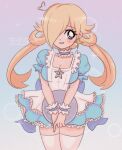  1990s_(style) 1girl apron artist_name blonde_hair blue_background blue_dress blue_eyes blush bow breasts bubble_background chelly_(chellyko) choker cleavage collarbone dress highres holding instagram_username long_hair looking_at_viewer low_twintails maid mario_(series) medium_breasts puffy_sleeves retro_artstyle rosalina short_sleeves smile sparkle standing star_(symbol) teeth thighhighs tray twintails twitter_username waist_bow waitress watermark white_apron white_thighhighs wrist_cuffs 