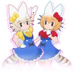  2girls animal_ears black_eyes bow bowtie brown_hair cat_ears cat_girl cat_tail extra_ears gloves grey_hair hello_kitty kemono_friends kemono_friends_3 multiple_girls official_art ribbon serval_(kemono_friends) shirt short_hair skirt tail transparent_background white_serval_(kemono_friends) 