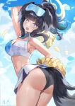  1girl absurdres animal_ears armpits ass black_hair black_panties blue_archive blush breasts cheerleader cleavage confetti dog_ears dog_tail goggles goggles_on_head halo hibiki_(blue_archive) hibiki_(cheer_squad)_(blue_archive) highres holding holding_pom_poms linea_alba looking_at_viewer looking_back medium_breasts miniskirt navel official_alternate_costume outdoors panties pom_pom_(cheerleading) pong_0012 ponytail skirt solo sports_bra stomach tail tail_under_clothes twisted_torso two-tone_sports_bra underwear 