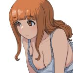  1girl bangs blunt_bangs breasts brown_eyes cleavage closed_mouth collarbone highres large_breasts long_hair onsen_tamago_(hs_egg) orange_hair simple_background solo tank_top upper_body white_background white_tank_top 