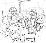  2022 anthro big_breasts bottomwear breasts burger canid canine canis clothed clothing container convertible corset cup diner duo eating eating_food female fluffy fluffy_tail food fox furniture hi_res hotchkisstank inside jacket leather leather_clothing leather_jacket leather_topwear lingerie mammal midriff monochrome open_clothing open_jacket open_topwear restaurant shirt shorts spilled_food street_lamp t-shirt table tail tongue tongue_out topwear truck_(vehicle) vehicle wolf 