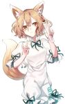  1girl :3 \m/ absurdres animal_ear_fluff animal_ears blonde_hair breasts closed_mouth collared_dress cowboy_shot curly_hair dress fox_ears fox_girl fox_tail frilled_sleeves frills highres holding holding_test_tube kudamaki_tsukasa light_particles looking_to_the_side medium_breasts puffy_short_sleeves puffy_sleeves short_hair short_sleeves simple_background solo soraki_(marisa_syou) tail test_tube touhou white_background white_dress yellow_eyes 