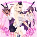  3girls absurdres animal_ears black_headwear black_skirt blue_eyes bow breasts brown_hair card champagne_flute character_name cleavage cup dark-skinned_female dark_skin drinking_glass hair_between_eyes hair_bow hat highres holding holding_tray leotard long_hair looking_at_viewer low_twintails medium_breasts mini_hat mini_top_hat miyata_sou multiple_girls muvluv muvluv_alternative muvluv_total_eclipse official_art one_eye_closed playboy_bunny purple_eyes rabbit_ears red_bow short_hair skirt small_breasts smile stella_bremer takamura_yui tarisa_manandal top_hat tray twintails very_long_hair white_leotard 
