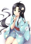  1girl absurdly_long_hair absurdres ahoge araragi_tsukihi bare_legs barefoot black_hair blue_kimono closed_mouth egg_hair_ornament floral_print food-themed_hair_ornament grey_eyes hair_intakes hair_ornament highres index_finger_raised japanese_clothes kimono long_hair long_sleeves monogatari_(series) piyopiyomaru_(piyo8823) print_kimono short_kimono simple_background sitting smile solo tsukimonogatari very_long_hair white_background wide_sleeves 