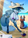  anthro arthropod beach big_breasts bikini blizzard_entertainment blue_body blue_fur bracelet breasts canid clothing crab crustacean day decapoda female feral fluffy fluffy_tail fur green_eyes hat headgear headwear hi_res jewelry malacostracan mammal marine nipple_slip one_breast_out outside palm_tree plant renatetherat sand seaside sky solo sun_hat swimwear tail tree vulpera warcraft whiskers 