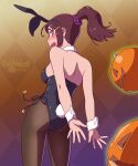  1girl 2023 animal_ears black_leotard black_pantyhose brown_hair checkered_background cowboy_shot detached_collar from_behind fukusuke_hachi-gou halloween highres jack-o&#039;-lantern leotard long_hair original pantyhose playboy_bunny ponytail pumpkin purple_eyes rabbit_ears rabbit_tail strapless strapless_leotard tail wrist_cuffs 