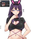  1girl :p absurdres animal_ears black_shirt blue_eyes blush cleavage_cutout clothing_cutout crop_top fake_animal_ears hand_on_own_hip heart_cutout highres long_hair looking_at_viewer midriff navel original pinnn purple_hair rabbit_ears shirt short_sleeves simple_background smile solo stomach tongue tongue_out upper_body white_background 