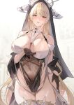 1girl azur_lane bare_shoulders between_breasts black_gloves black_headwear blonde_hair blush breasts brown_eyes commentary_request covered_navel dress fake_horns gloves hair_between_eyes half_gloves halo horns implacable_(azur_lane) large_breasts long_bangs long_hair looking_at_viewer nun open_mouth orange_eyes parted_lips pelvic_curtain revealing_clothes sea_nami shirt_slip simple_background smile solo standing thighhighs two-tone_dress white_background white_horns white_thighhighs 