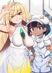  2girls aether_foundation_employee armpits bare_shoulders black_hair blonde_hair breasts dark-skinned_female dark_skin double_w dress gloves green_eyes grey_eyes grin hat highres lemon_snail long_hair looking_at_viewer lusamine_(pokemon) multiple_girls pokemon pokemon_(game) pokemon_sm short_hair sleeveless sleeveless_dress small_breasts smile w white_gloves 