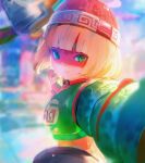  1girl arms_(game) blonde_hair blurry blurry_background bob_cut closed_mouth fighting_stance green_eyes green_shirt highres mask min_min_(arms) no_nose punching red_headwear red_mask shirt short_hair solo toiku upper_body 