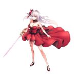  1girl absurdres blue_eyes bow breasts dress earrings floating_hair hair_bow high_heels highres holding holding_sword holding_weapon jewelry keigen_hichou large_breasts leg_tattoo long_hair looking_at_viewer lyseria_christaria no_bra rapier red_bow red_dress seiken_gakuin_no_maken_tsukai simple_background sleeveless sleeveless_dress sword tattoo thighhighs weapon white_hair 