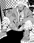  1boy bracelet casual cross_scar dark_skin earrings eyessmanga fence fullmetal_alchemist highres jewelry looking_at_viewer looking_over_eyewear monochrome multiple_earrings multiple_rings own_hands_together ring scar scar_(fma) scar_on_face shoes short_hair sitting sneakers white_hair 