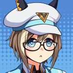  1girl animal_ears bespectacled blue_background blue_eyes blush brown_hair cheval_grand_(umamusume) commentary_request glasses hat highres horse_ears horse_girl looking_at_viewer medium_hair open_mouth portrait sailor_hat solo umamusume yasume_yukito 