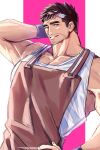  arm_behind_head bara beard_stubble blush brown_hair brown_overalls cross_scar doku_(hitori_ox) gordon_(f-kare) highres huge_pectorals looking_at_viewer male_focus mature_male multicolored_hair muscular muscular_male mustache_stubble overalls pectoral_cleavage pectorals scar scar_on_face scar_on_forehead seductive_smile short_hair shoukan_yuusha_to_f-kei_kareshi smile streaked_hair tank_top thick_eyebrows thick_neck two-tone_background upper_body white_tank_top 