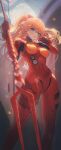  1girl absurdres bident bird blue_eyes bodysuit breasts feet_out_of_frame floating_hair hairpods hand_up highres holding holding_polearm holding_weapon incredibly_absurdres interface_headset lance_of_longinus_(evangelion) long_hair looking_at_viewer medium_breasts neon_genesis_evangelion orange_hair parted_lips pilot_suit plugsuit polearm red_bodysuit rega skin_tight solo souryuu_asuka_langley standing symbol-shaped_pupils weapon x-shaped_pupils 