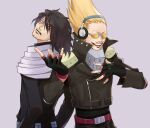  2boys bags_under_eyes belt black_gloves black_hair black_jacket black_pants black_shirt blonde_hair boku_no_hero_academia eraser_head_(boku_no_hero_academia) facial_hair fingerless_gloves fingernails gloves goatee grey_background grey_scarf grimace hand_on_own_chest headphones jacket male_focus multiple_boys open_mouth pants present_mic red_belt rnuyvm scar scar_on_face scarf shirt simple_background spiked_hair teeth tinted_eyewear white-framed_eyewear yellow-tinted_eyewear 