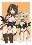  2girls alternate_costume animal_ears arknights black_panties black_shirt black_thighhighs blonde_hair blush border bound bound_wrists braid breasts brown_hair cleavage colored_tips cowboy_shot cuffs demon_horns demon_tail earrings flying_sweatdrops fox_ears fox_girl fox_tail green_eyes halloween_costume hands_up highres horns jewelry kitsune long_hair long_sleeves looking_at_viewer low_wings magallan_(arknights) medium_breasts multicolored_hair multiple_girls multiple_tails no_pants off-shoulder_shirt off_shoulder open_mouth orange_background panties shackles shirt short_hair shrug_(clothing) sigm@ simple_background sketch small_breasts smile streaked_hair suzuran_(arknights) sweatdrop tail thighhighs underwear unfinished white_border white_panties white_thighhighs wings yellow_eyes 