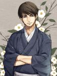  1boy black_kimono brown_hair closed_mouth commentary_request crossed_arms dated facial_hair flower grey_background japanese_clothes kimono kouno_kb long_sleeves looking_at_viewer male_focus meitantei_conan purple_eyes scotch_(meitantei_conan) short_hair signature smile solo stubble upper_body white_flower wide_sleeves 