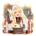  1girl a-91_(girls&#039;_frontline) absurdres alcohol bar_(place) blonde_hair blurry blurry_background blush commission commissioner_upload drunk girls&#039;_frontline hat highres long_hair mole mole_under_eye non-web_source one_eye_closed one_side_up open_mouth samsam_s2s smile yellow_eyes 