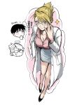  ... 1boy 1girl absurdres alternate_costume anger_vein blonde_hair blouse blush brown_eyes fullmetal_alchemist glasses high_heels highres holding holding_paper imagining labcoat miniskirt open_labcoat ozaki_(tsukiko3) paper paper_stack pink_shirt riza_hawkeye roy_mustang shirt skirt speech_bubble white_skirt 