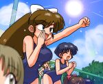  6+girls blue_hair bow breasts brown_hair kuonji_ukyou large_breasts medium_breasts multiple_girls open_mouth ranma_1/2 school_swimsuit short_hair sky swimsuit tagme tendou_akane wanta_(futoshi) white_bow 