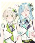  2girls april_fools blue_hair closed_eyes collared_shirt cross_tie flower grey_hair hair_flower hair_ornament hand_up highres hinomori_shiho hinomori_shizuku long_hair msx_(mis4xi) multiple_girls open_mouth project_sekai shirt short_hair siblings simple_background sisters sleeveless sleeveless_shirt smile upper_body vest white_background white_shirt white_vest 