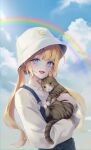  1girl absurdres animal animal_hands bbony_0_0 blonde_hair blue_eyes blue_overalls blue_sky blush bucket_hat cat cat_tail cloud commentary commission cowboy_shot day denim hat highres holding holding_animal holding_cat long_bangs long_hair long_sleeves looking_at_viewer low_twintails open_mouth original outdoors overalls rainbow shirt sky solo sunlight tail twintails white_headwear white_shirt 