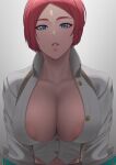  1girl absurdres areola_slip blue_eyes breasts cleavage collared_jacket commentary_request giovanna_(guilty_gear) gradient_background guilty_gear highres jacket large_breasts looking_at_viewer mixed-language_commentary parted_lips putcher red_hair short_hair simple_background solo upper_body white_jacket 