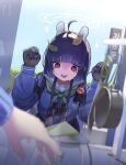 1girl absurdres animal_ears binoculars black_gloves blue_archive blue_hair blue_serafuku blunt_bangs blurry clenched_hands commentary_request crying depth_of_field fake_animal_ears future_cake gloves green_neckerchief halo hands_up highres knife korean_commentary leaf leaf_on_head looking_at_object miyu_(blue_archive) neckerchief school_uniform serafuku solid_circle_eyes solo white_halo 