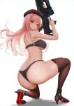  1girl absurdres ass assault_rifle beret black_bra black_panties bra breasts brown_thighhighs closed_mouth gibun_(sozoshu) gloves goddess_of_victory:_nikke gun hat high_heels highres holding holding_gun holding_weapon large_breasts looking_at_viewer military panties pink_hair pouch rapi_(nikke) red_eyes rifle simple_background solo squatting thighhighs thighs underwear underwear_only uniform weapon white_background 