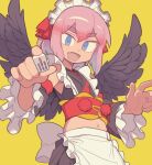  1girl apron black_wings blue_eyes detached_sleeves fang feathered_wings frilled_sleeves frills hair_between_eyes highres holding indie_virtual_youtuber looking_at_viewer mahjong mahjong_tile maid_headdress mizuno_(okn66) navel open_mouth pink_hair red_ribbon ribbon senba_kurono short_hair simple_background solo thick_eyebrows virtual_youtuber waist_apron white_apron wings yellow_background 